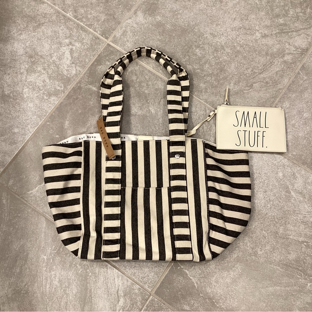 Rae Dunn Strip Canvas Tote With Wristlet
